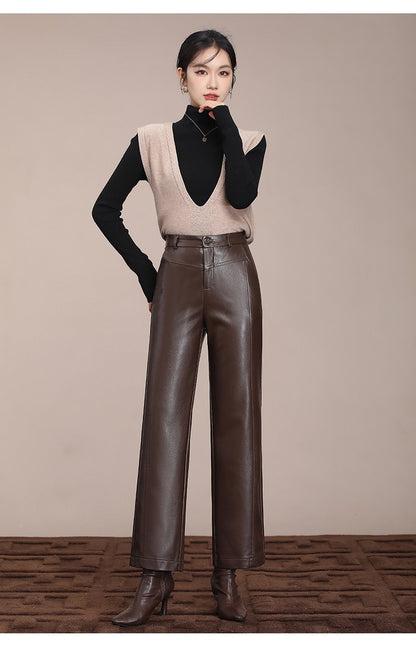 ZUZK Winter Pu Leather Pants New Elastic Waist Straight Pants PU Leather Trousers Large Size Fashion Warm Long Pants