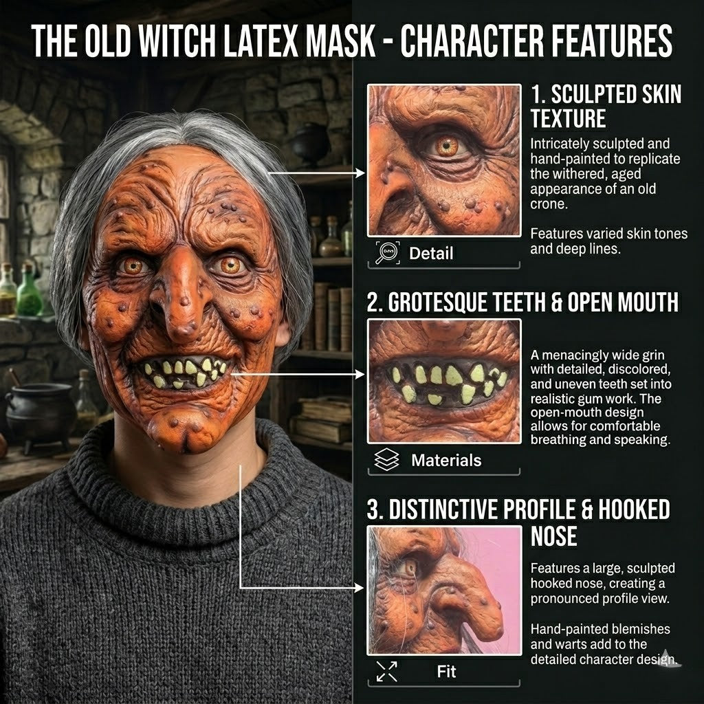Creepy Witch Mask With Lifelike Wrinkles & Gray Hair - Halloween Scary Costume Accessory For Party/Haunted House/Cosplay