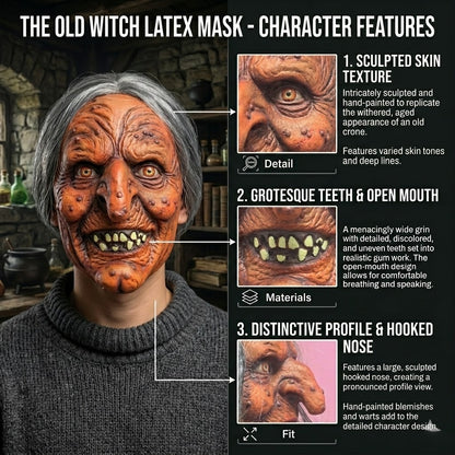 Creepy Witch Mask With Lifelike Wrinkles & Gray Hair - Halloween Scary Costume Accessory For Party/Haunted House/Cosplay