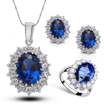 Conjuntos de joias de casamento e noivado femininos autênticos folheados a prata esterlina 925 com anel de brincos de colar de cristal de zircônia oval princesa