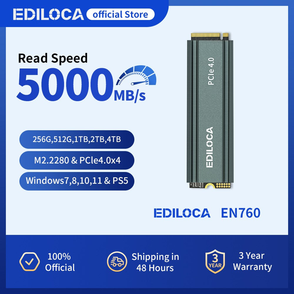 Ediloca EN760 SSD M.2 2280 NVME SSD with Heatsink PCIe Gen4.0x4 3D NAND TLC 4800MB/s Internal Solid State Drive for PS5/PC