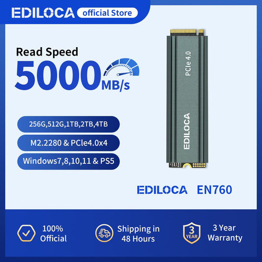 Ediloca EN760 SSD M.2 2280 NVME SSD with Heatsink PCIe Gen4.0x4 3D NAND TLC 4800MB/s Internal Solid State Drive for PS5/PC