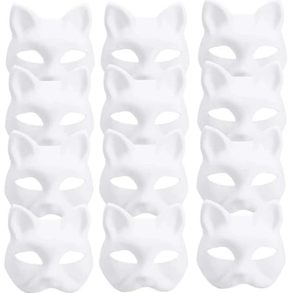 5PCS Therian Masks White Cat Masks Blank DIY Halloween Mask Animal Half Facemasks Masquerade Cosplay Party