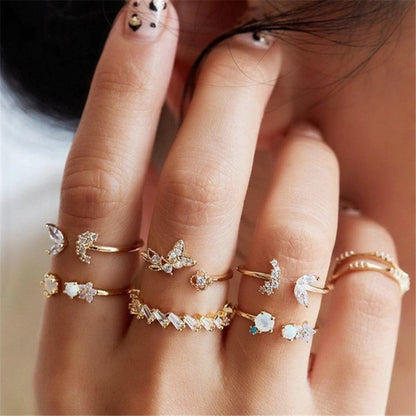 Conjunto de Anéis Boêmios com Zircônia para Mulheres, Anel Dourado com Cristal Boêmio Letra Amor Coração Lua Flecha Flor, Joias de Casamento, Presentes