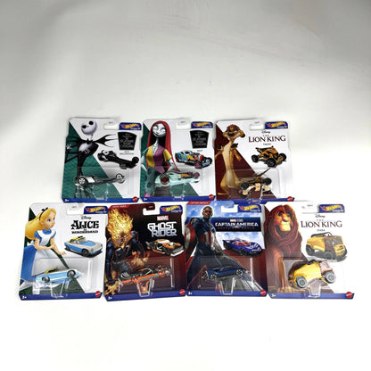 Disney Hot Wheels Carros de Personagens 2024 Mix 6U O Rei Leão Simba O Estranho Mundo de Jack Sally Capitão América Brinquedos de Miniatura
