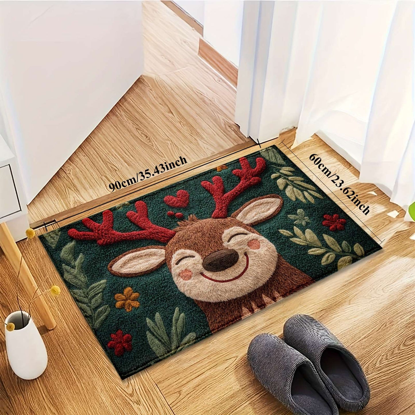 1pc Fluffy Christmas Deer Bath Mat - Quick-Dry & Absorbent, Festive Holiday Design with Red Berries & Green Leaves bathroom mat