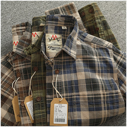 2024 Spring and Autumn New American Retro Woven Plaid Cargo Shirt Men's Simple 100% Cotton Washed Single Pocket Thin Jacket