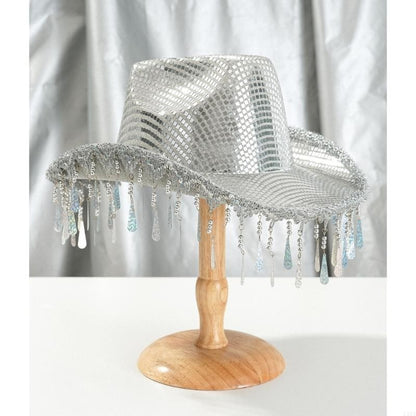 L5YA Eye-catching Panama Hat Studded Mirrored Party Hat for Women Halloween Costume Decorative Raindrop Tassels