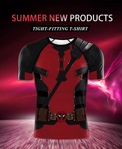 Fashion Men Gym T-shirts Superhero Printed Dead Pool Cosplay Tops Fitness Compression Shirt Short Sleeve Elastic Sportwear Shirt