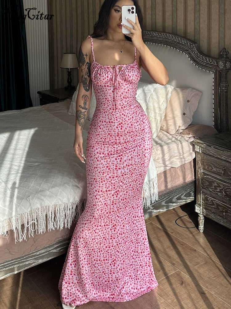 Hugcitar Floral Print Sleeveless Backless Slips Lace Up Maxi Dress Sexy Bodycon