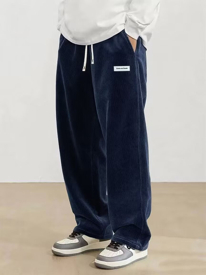 Calças masculinas de veludo cotelê outono, casuais, folgadas, retas, com elástico na cintura e cordão, para uso externo e streetwear