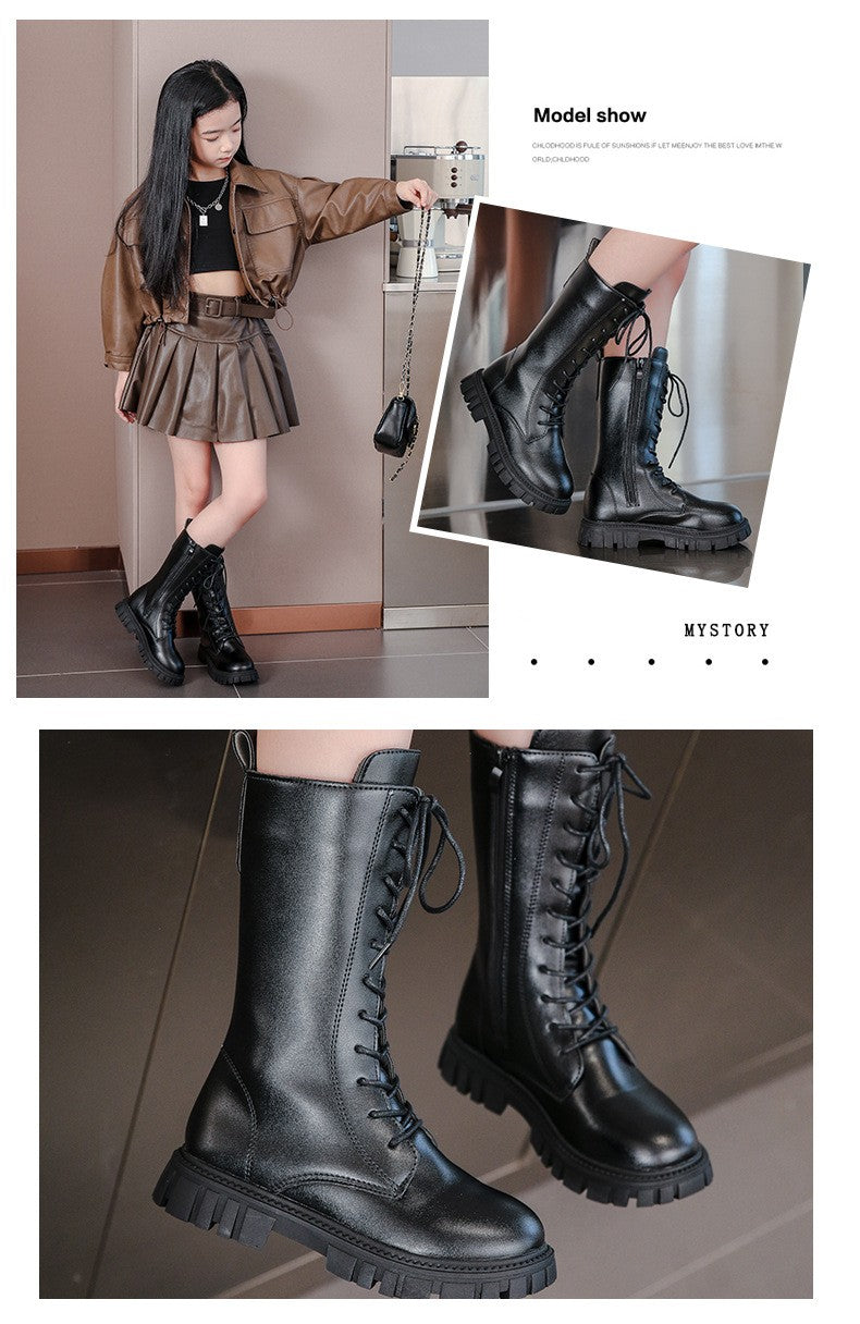 2025 Autumn/Winter  Fashion Cool Baby Girls Warm Square Heel Round Toe Casual Lace-Up Comfortable Kids Black Mid Boots