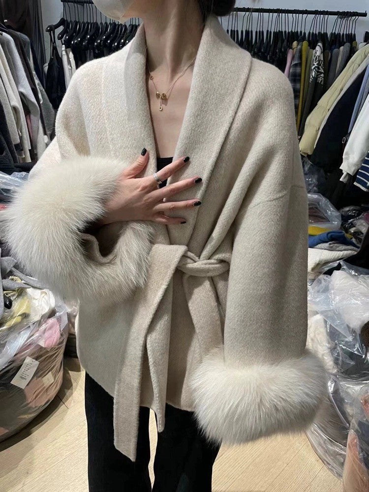 New Natural Fox Fur Thick Double-sided Wool Coat Female Short Autumn Winter Loose Lace-up Woolen Coats Women Fashion Overcoats