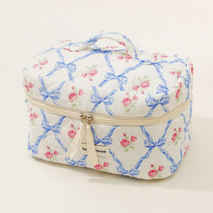 Cute Bow Flower Cloth Handbag Quilting Cotton Makeup Bag Women Zipper Cosmetic Organizer Portable Toiletry Case for Girls