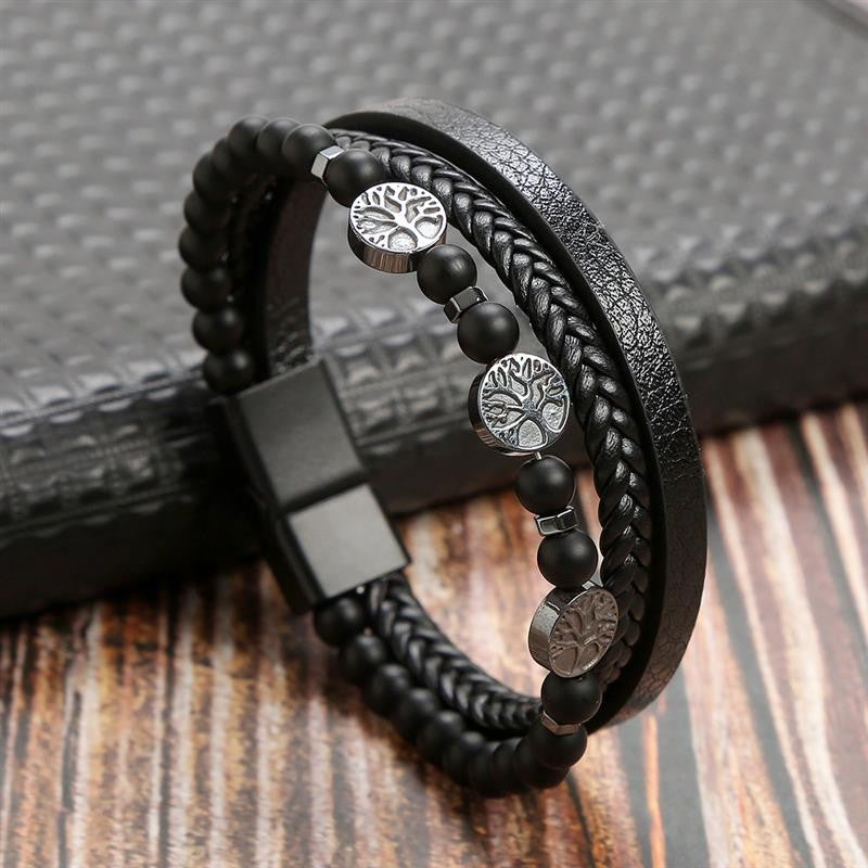 Pulseira de Couro Jiayiqi Masculina Punk Hip Hop Metal Charm Contas Olho de Tigre Pulseira Multicamadas para Homens Joia da Moda Presente