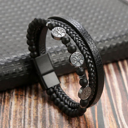 Pulseira de Couro Jiayiqi Masculina Punk Hip Hop Metal Charm Contas Olho de Tigre Pulseira Multicamadas para Homens Joia da Moda Presente