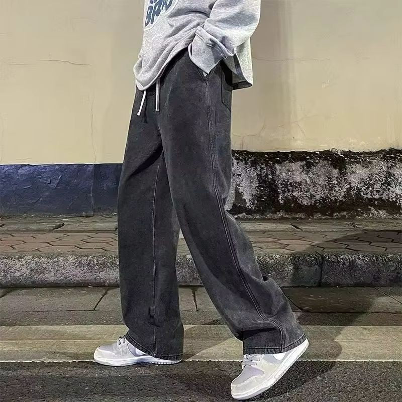 Calça Jeans Masculina Novo Estilo com Cordão Elástico na Cintura Perna Larga Solta Calça Reta de Rua Tendência Ins Calça Casual