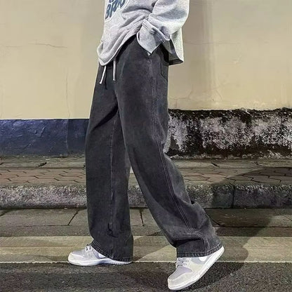 Calça Jeans Masculina Novo Estilo com Cordão Elástico na Cintura Perna Larga Solta Calça Reta de Rua Tendência Ins Calça Casual