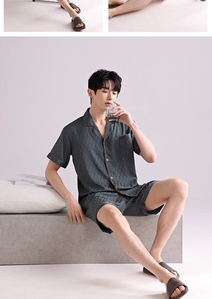 Ice Silk Pajamas Men's Spring and Summer Light and Breathable Simulation Silk Satin Short-sleeved Shorts Youth Simple Loungewear