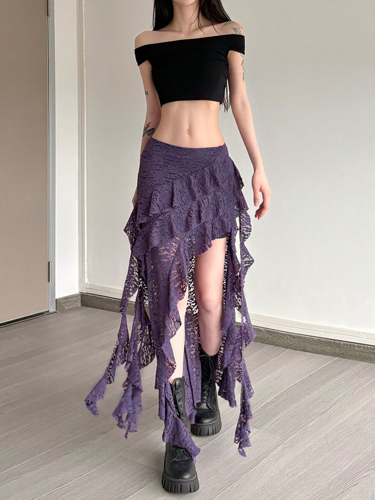 Nibber Tassels Women Skirts Irregular Hem Multi-Layered Ruffles Lace Patchwork S