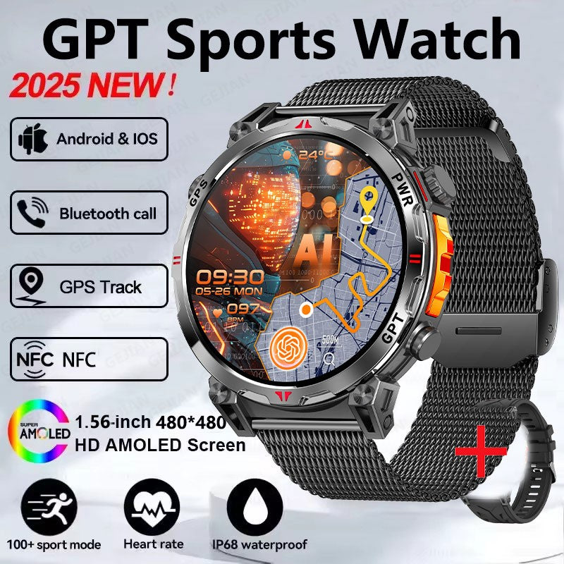 Smartwatch Esportivo 2025 com GPS, GPT, AMOLED de 1,56 polegadas, 488*488, Monitoramento de Frequência Cardíaca, Oxigênio no Sangue e Pressão Arterial, 3ATM