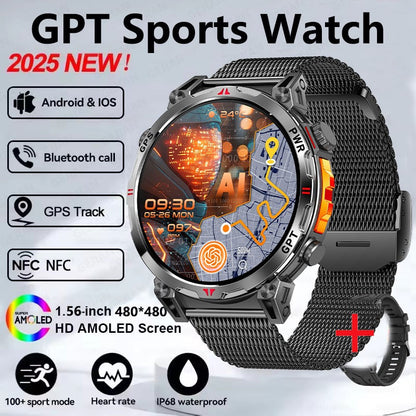 Smartwatch Esportivo 2025 com GPS, GPT, AMOLED de 1,56 polegadas, 488*488, Monitoramento de Frequência Cardíaca, Oxigênio no Sangue e Pressão Arterial, 3ATM