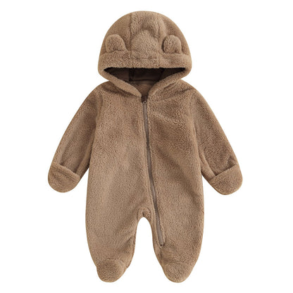 0-12M Baby Plush Warm Jumpsuits Boys Girls Long Sleeve Hooded Zipper Romper Newborn Infant Fall Winter Clothes
