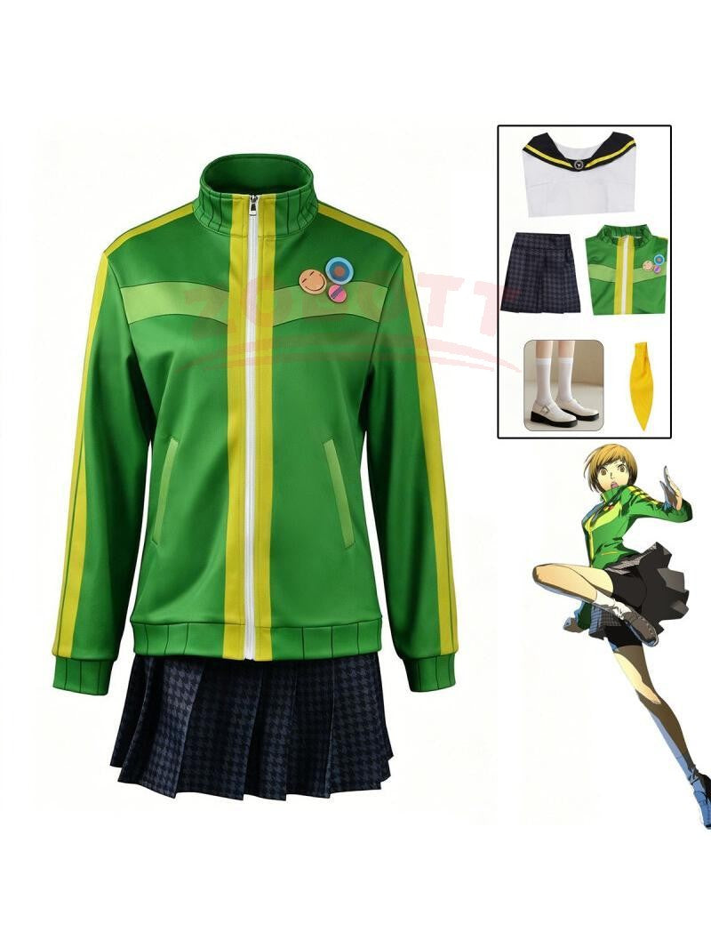Anime Chie Satonaka Cosplay Costume JK Sport Uniform Costume Green Yellow Striped Zip-Up Track Jacket Skirt Set for Daily Suit