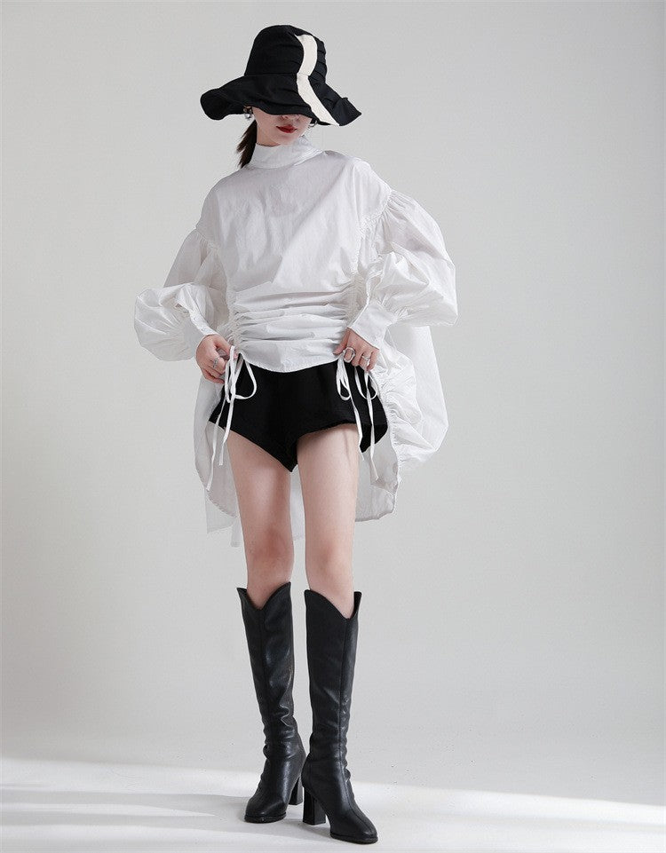 2025 Women Irregular Drawstring Big Size White Blouse New Stand Collar Long Sleeve Shirt Fashion Tide Spring Autumn