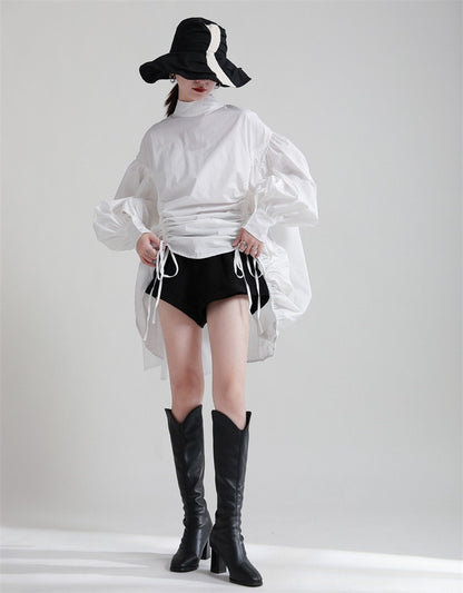 2025 Women Irregular Drawstring Big Size White Blouse New Stand Collar Long Sleeve Shirt Fashion Tide Spring Autumn