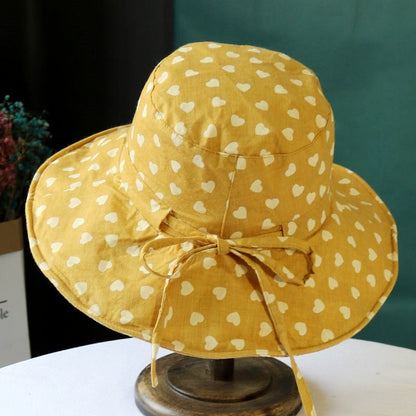 Chapéu feminino de verão, estampa de coração, aba grande para proteção solar, chapéu de sol de algodão e linho à prova de sol, chapéu de pescador dobrável