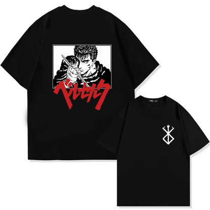 Japan Anime Berserk T-Shirt Guts Print Graphic Tee Men's 90s Summer Short Sleeve Casual Manga Dark Fantasy Black Swordsman Style