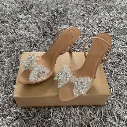 Summer Women High Heel Sandals Transparent PVC Heels Luxury Rhinestone Bow Slingbacks Female Sexy Party Wedding pumps Shoes
