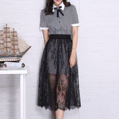 Fashion Transparent Sexy Lace Mesh Skirt Elegant 2 Length Midi Skirt Elastic High Waist Ladies Womens Skirt Ladies