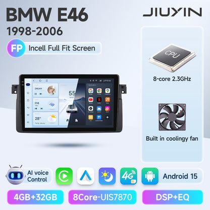 JIUYIN Android 15 Wireless Carplay Auto Rádio Estéreo Multimídia Automotivo Para BMW E46 M3 318 320 325 330 335 1998-2006 IPS