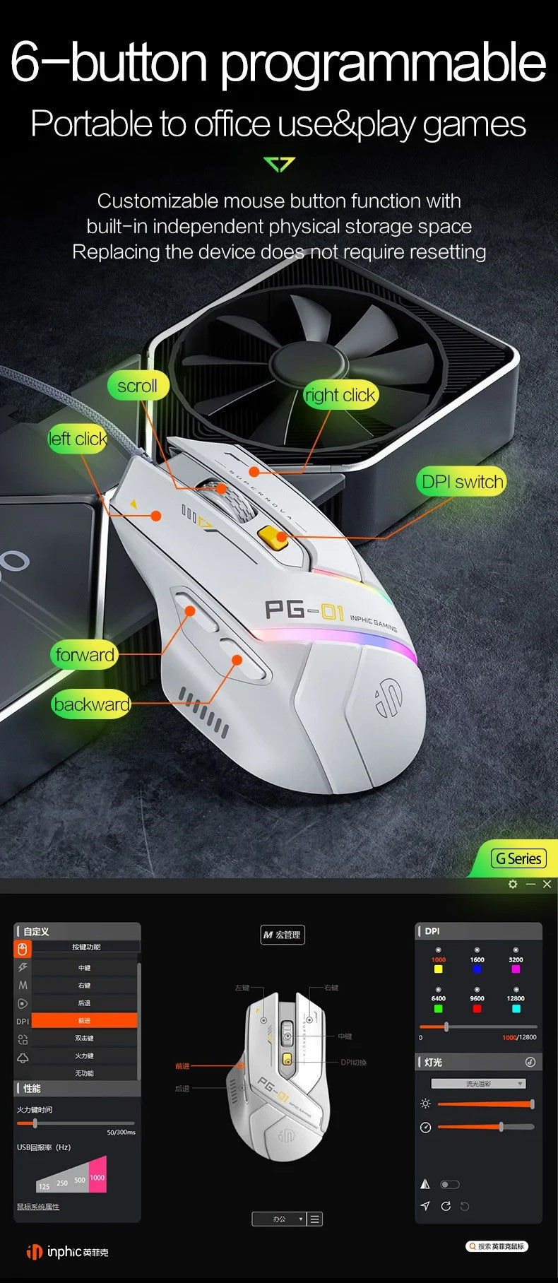 Mouse Inphic PG1 com Fio para Escritório/Jogos com 12 Efeitos de Iluminação RGB e 12800DPI, Adequado para Desktops e Laptops