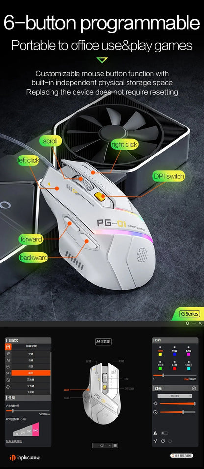Mouse Inphic PG1 com Fio para Escritório/Jogos com 12 Efeitos de Iluminação RGB e 12800DPI, Adequado para Desktops e Laptops
