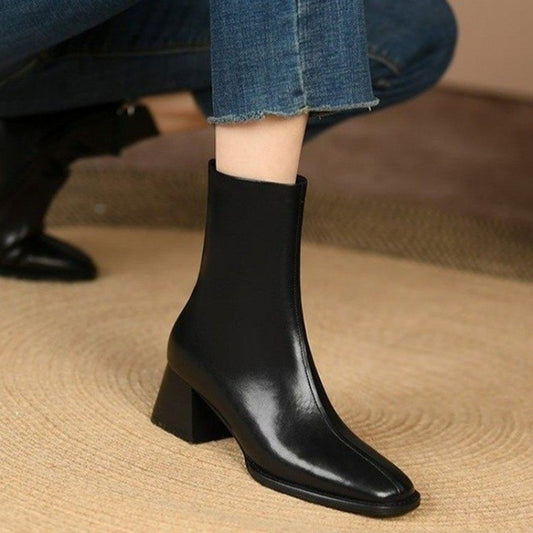 2025 Ankle Boots for Women Leather Square Toe Side Zipper Retro Style Chunky Heels Women Boots Fashion Short Boots Women  D263