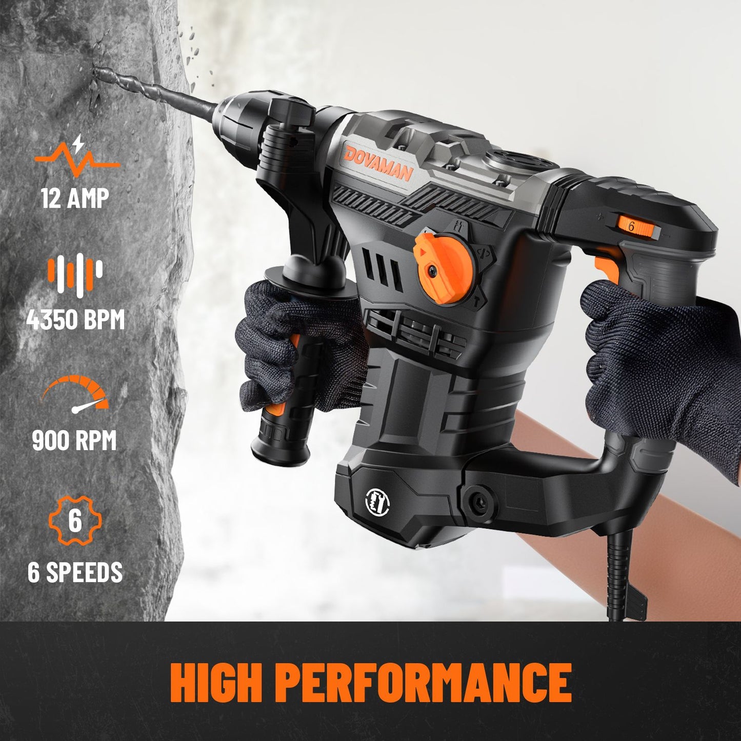 DOVAMAN Martelete Rotativo SDS-Plus 1-9/16", Furadeira de Impacto 12,5A, Embreagem de Segurança, Controle de Vibração, para Concreto