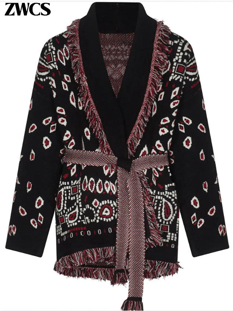 Knitted Print Lace-up Cardigan Coat Women's Elegant V-neck Tassels Full Sleeve Belted Sweaters 2025 Autumn New Ladies Outwear