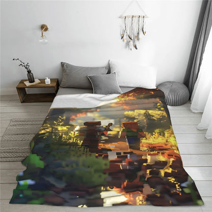 Cartoon Mines Pixel Game Crafts Flannel Blanket Super Warm Throw Blanket for Home Decor Decorative Street Trend Bedspread