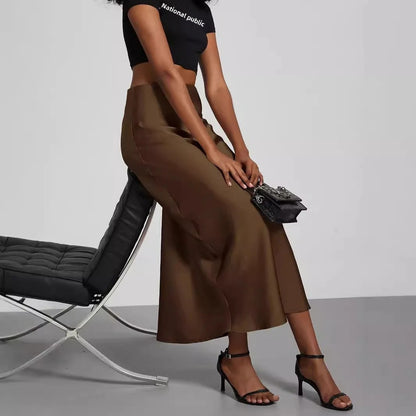 Elegant Fashionable European Style Women's Midi Skirt With Satin Texture Versatile Solid Color Bright Light Sensation Long Dress