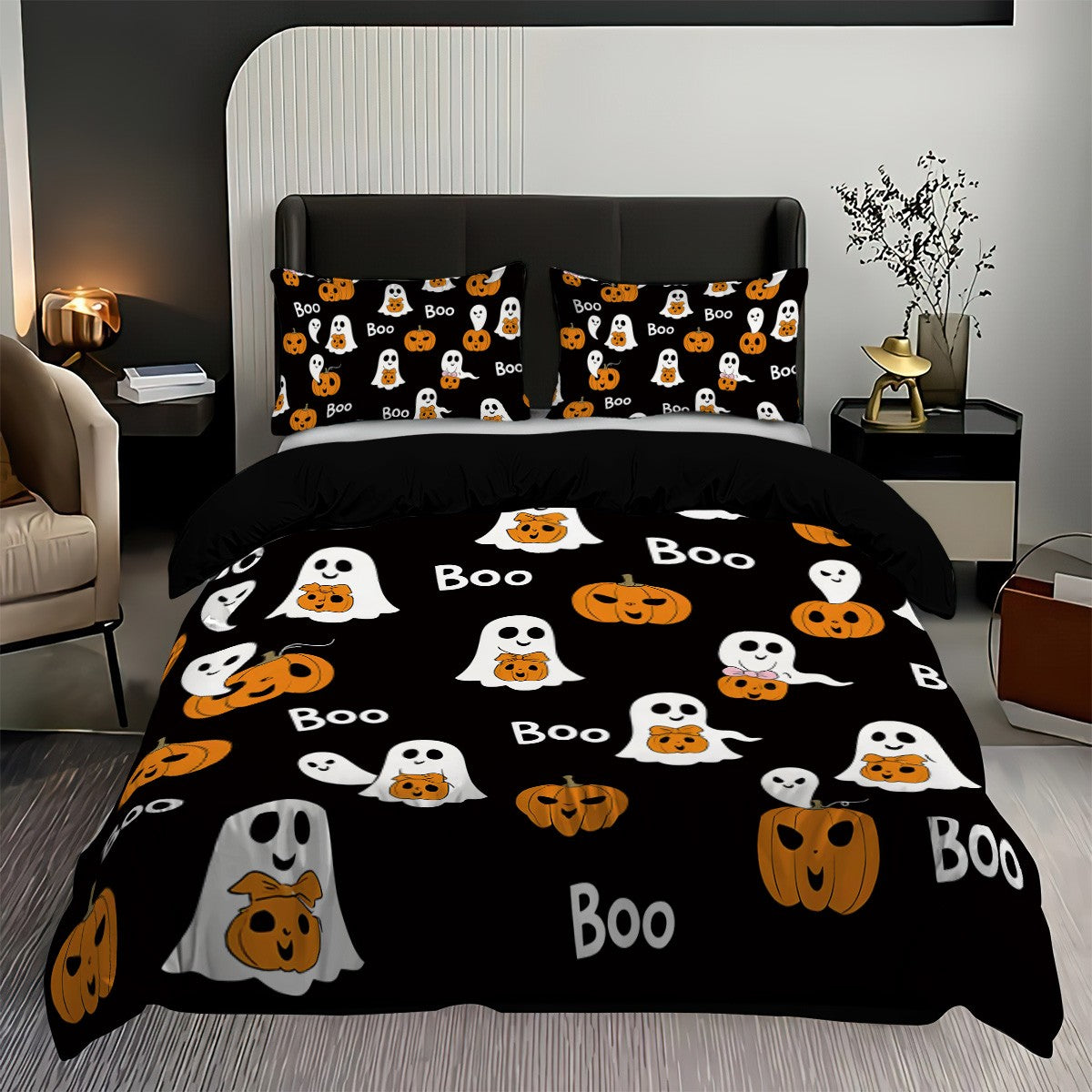 3 capas de edredom fofas de fantasma de Halloween, 1 capa de edredom + 2 fronhas, sem enchimento. Conjunto de cama macio e confortável, lavável à máquina