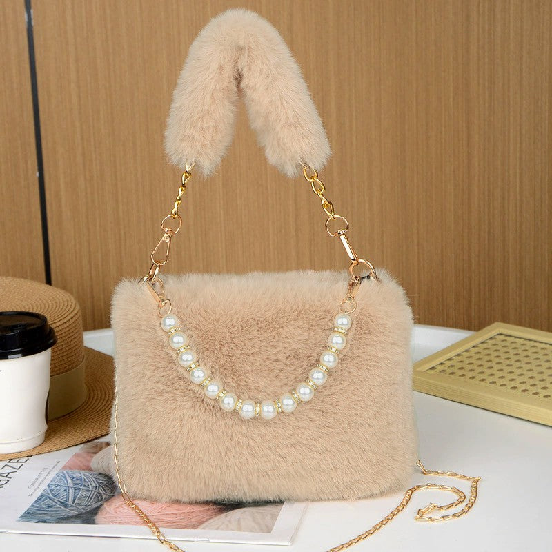 Fashionable Pearl Rabbit Fur Velvet Handbag Women's Crossbody Bag Chain Design Autumn Winter Small Versatile Bag Elegant