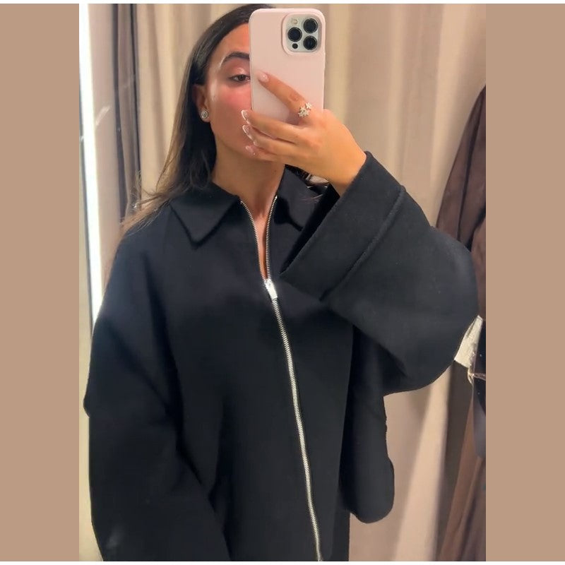 Woolen Zipper Loose Short Jacket Women Long Sleeve Lapel Solid 2025 Autumn Winter Commute Coat Street Office Warm Ladies Outwear