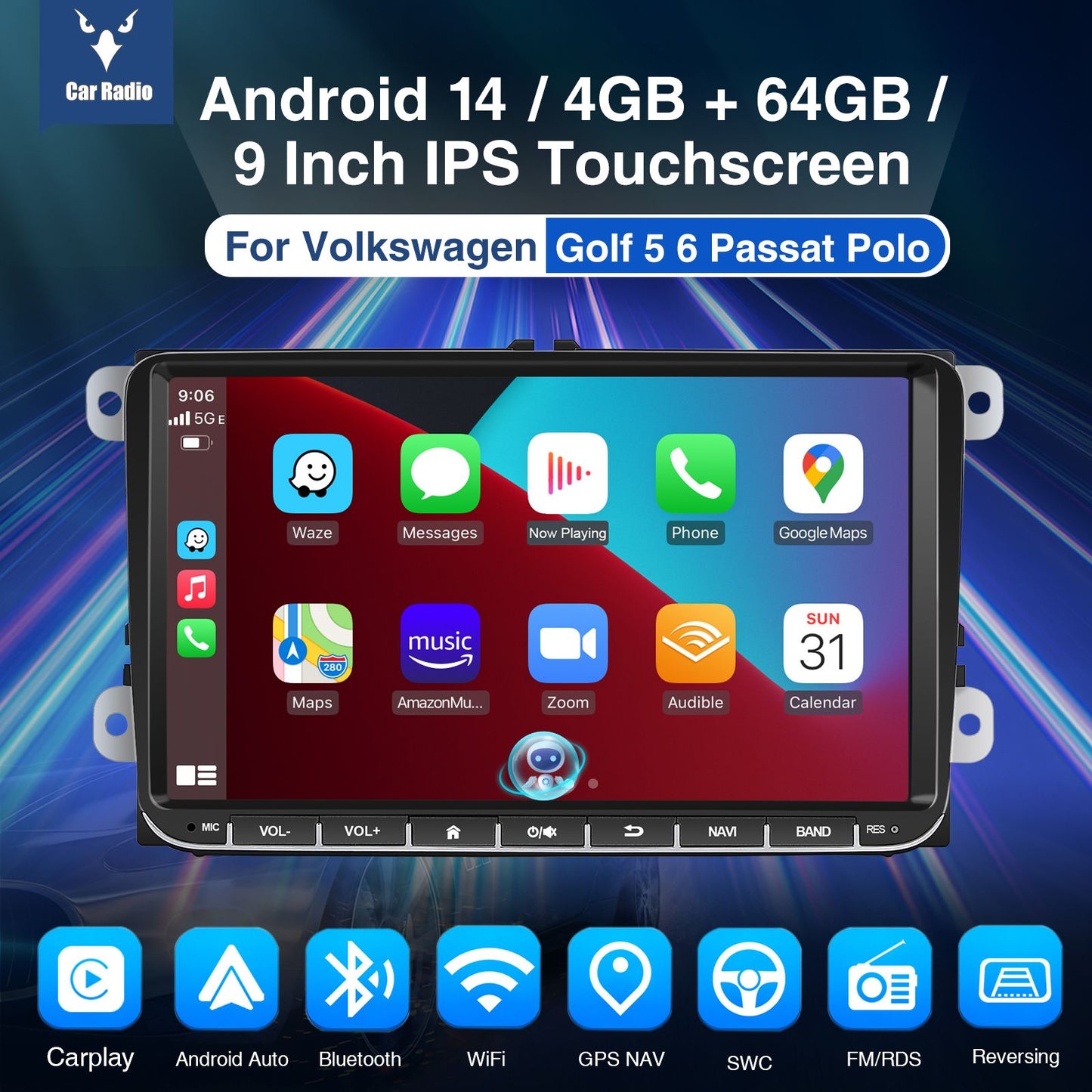 Central Multimídia 9" Android 14 4G+64G Sem Fio Carplay GPS NAVI WIFI RDS FM BT EQ para VW Golf 5 6 Passat Polo Touran Tiguan Caddy EOS