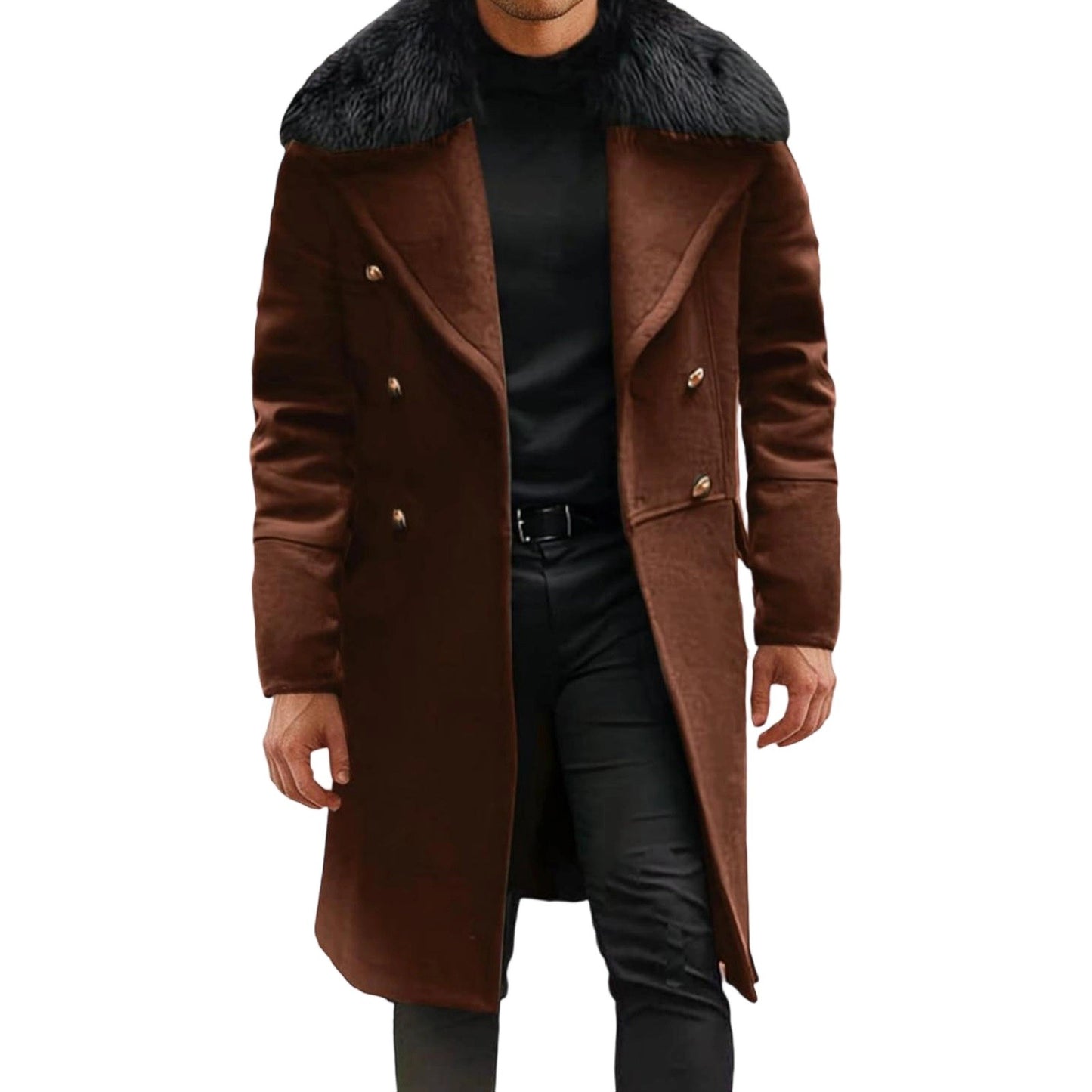 Men s Classic Double Breasted Trench Coat with Removable Fur Collar Mid-Length Wool Blend Overcoat for Winter Warmth