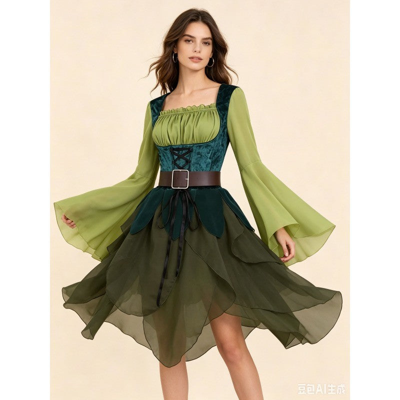 Women's Elf Medieval Green Fairy Dress Magical Elf Dress and Belt with Wings Halloween Cosplay Costumes Elf Cosplay costume