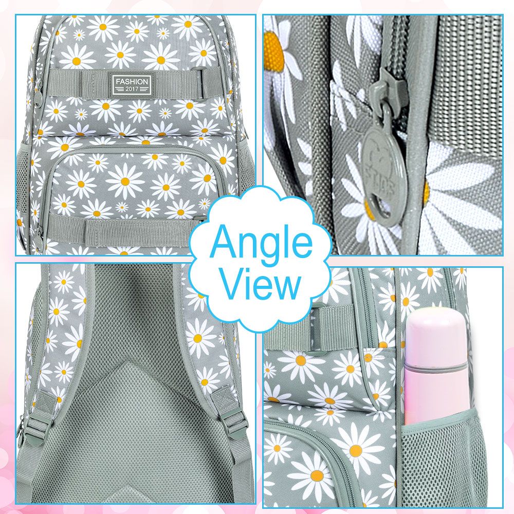 3PCS Daisy Girls Backpack, 17 Inch Laptop School Bookbag Teen College Water Resistant Kids Backpacks with Lunch Box Set - Grey