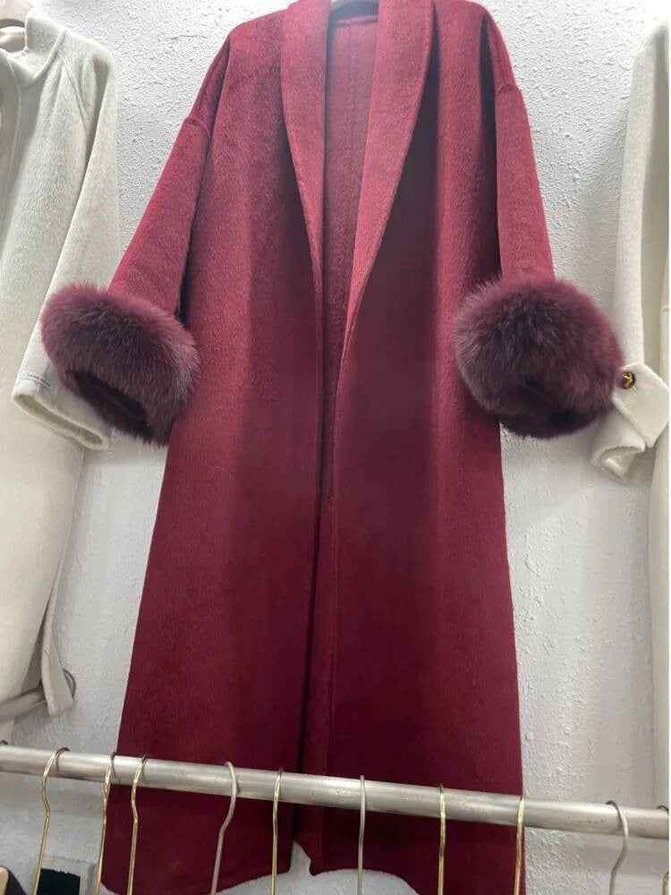 [EWQ] Wool Fox Fur Sleeve Women Coat Elegant Clothing Autumn 2025 Winter Double-sided Jacket Big Size Wine Red Overcoats 16O2751